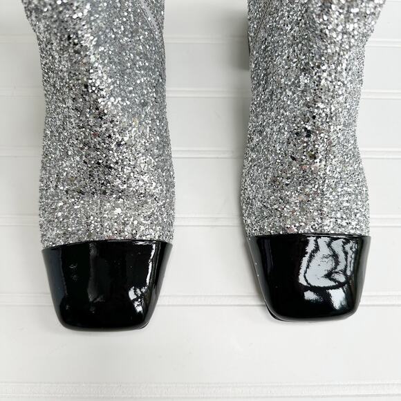 Chanel CC Sliver Glitter Ankle Boot Cap Toe Black Patent Bootie Milky Way Runway - Picture 3 of 16